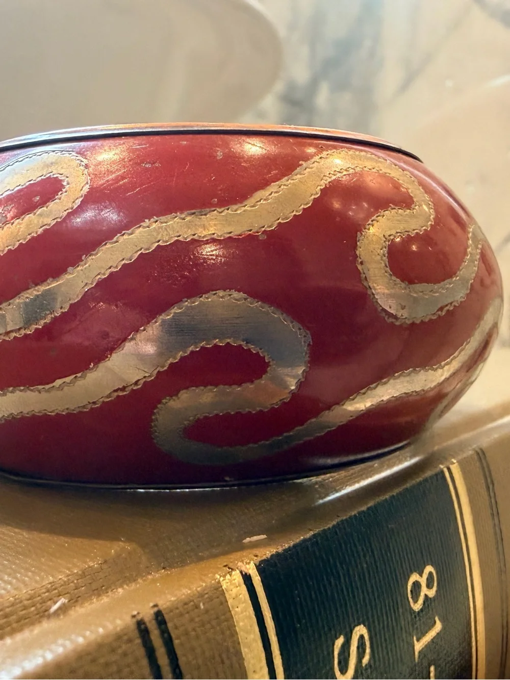 Vintage Red Copper Wide Bangle Bracelet Silver Tone Scrollwork
